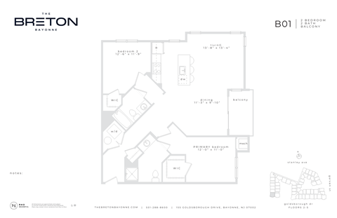 Floor plan for 2 beds, 2 baths, 1175 sqft
